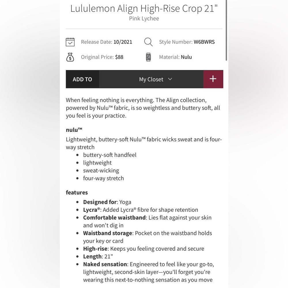 Lululemon Align High Rise Crop 21” Pink Lychee Size 8 - Picture 4 of 11